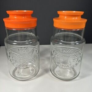2 Vtg Anchor Hocking Glass Canister Jar American Eagle Liberty Bell Plastic Lid